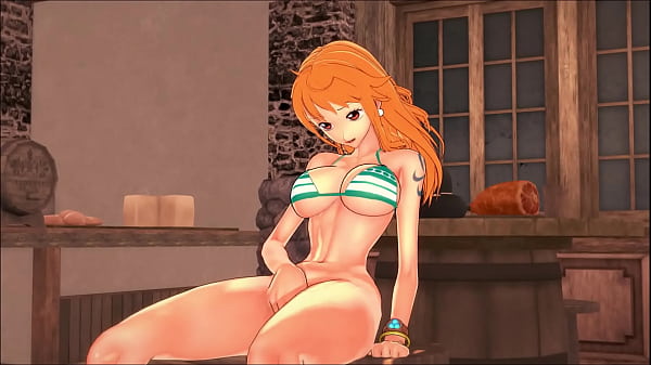 The cute pirate Nami fingers her pussy in a bar – One Piece Hentai.